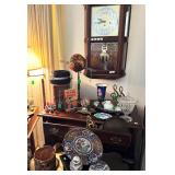 Howard Miller Wall Clock, Antique multi drawer reproduction chest, Asian style porcelain