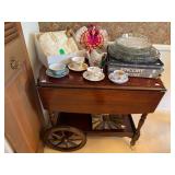 Cherrywood Vintage Tea Cart with assorted cups and saucers PLUS an antique Rabbit fur muff with matching Hat