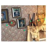 Lederhosen pants originating from Germany, specifically Bavaria and are also associated with Austria plus Original oil paintings possibly from German or Austria and Floor Lamp