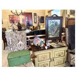 Needle point fireplace scree, antique green metal bread box