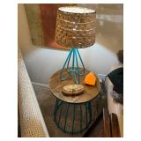 Turquoise wire based table, turquoise wire lamp with basket shade