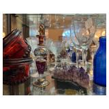 Amethyst rock with blown glass unicorn, Colbalt blue bottles