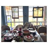 Assortment of Dishes, Stain glass, Owl, Glass top kitchen table 