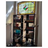 Book cases, stain glass, books