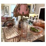 Pink depression glass, and antique table lamp