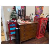 Red Turquoise jewelry case, antique oak dresser, red window cabinet