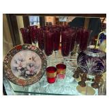 Ruby Red Champagne Flutes, Purple cut Crystal bowl