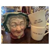 Toby Jug, England, Beskwickware, named Sainey Gamp and Sip drinkware with funny sayings