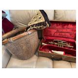 Native basket, tapestry African, vintage horn