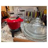 Vintage red fondue set, silverware, dishes