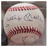 Multi-Autographed baseball by HOFamers Mickey Mantle, Duke Snider & Willie Mays.