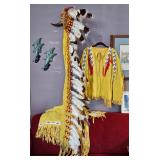 Native Anerican-style fringed & beaded buckskin war shirt & matching regalia pieces.