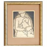 MCM original intaglio-relief etching of mother & child by artist Joseph Demarais.
