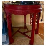Vintage Chinese Red-Lacquered Hardwood Round Display Table with Glass Top and Lower Shelf — Pierced 
