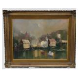  JOSE CALDERON (b 1923, AMERICAN) OIL ON CANVAS OF A HARBOR 