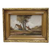  ANTIQUE LANDSCAPE OIL ON CANVAS WITH COTTAGES 