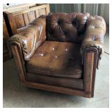 Tufted Brown Leather Armchair With Wood And Metal Accents