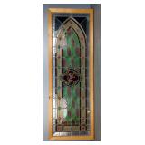 Antique Gothic-Style Stained Glass Panel With Rampant Lion, In Wood Frame, Approx 63" x 22" 