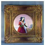 Hand Painted Porcelain Portrait Plaque In Gesso Frame, Approx 18" x 18"