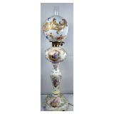 Antique Carl Thieme Potschappel German Porcelain Floral Lamp, T & Crossed Swords Mark, Detailed Flor