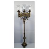 Ornate Brass Floor Candelabra With Glass Hurricane Shades, 47" x 16"