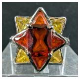 Sterling Silver, Red, And Yellow Gemstone Ring,