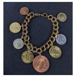 Sterling Silver Foreign Coin Charm Bracelet, 925 Silver