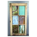 Six-Pane Slag Glass Window With Wood Frame, 35.25"x18.5"