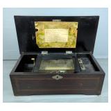Swiss Cylinder Music Box With Inlaid Wood Case And Tune Sheet