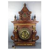 Ornate Wooden Wall Clock With Brass Mounts And Pendulum Movement, Includes Key, Approx 30.5" x 20" x
