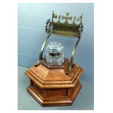 Oak Octagonal Ink Well Holder With Glass Ink Well, Brass Pen Holder, And Feather Quill In Wood Frame