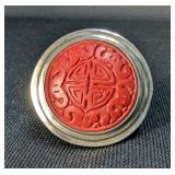 Tracey Mayer Sterling Silver With Carved Cinnabar Center Signed Rin
