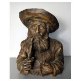 Hand Carved Wooden Bearded Man Smoking Pipe Bust