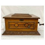 Wooden Crank-Operated Disc Music Box with Painted Lid Interior