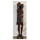 Hand-Carved Mahogany Wood Sculpture of an African Hunter, 7 ft. Tall