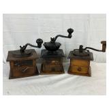 Three Wooden and Cast Iron Manual Coffee Grinders