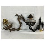 Wall-Mounted Oil Lamps With Brass and Cast Iron Brackets