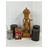 Wooden Coffee Grinder with Cylindrical Tin Canisters and Droste Cocoa Tin