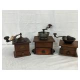 Three Vintage-Style Wooden and Metal Coffee Grinders