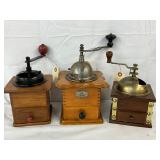 Three Vintage Wooden and Metal Coffee Grinders