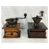 Vintage Wooden Coffee Grinders with Metal Bowls and Hand Cranks