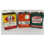 Three Vintage 2-Gallon Motor Oil Cans: Penn Drake, Saphire, and Wearwell