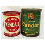 Two Vintage Metal Oil and Grease Containers: Kendal Grease and Condor Tea Products