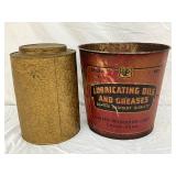 Two Metal Containers: Embossed Floral Canister and United Petroleum Corp Lubricant Drum