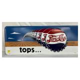 Metal Pepsi Sign with Bottle Cap Design, 36in x 14in