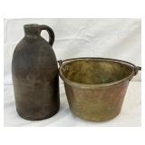 Antique Brown Stoneware Jug and Brass Bucket with Handle