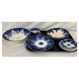 Blue and White Flow Blue Tableware, Including Plates, Bowls, and Cup