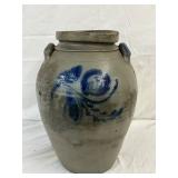 Three-Gallon Stoneware Crock with Cobalt Floral Decoration and Handles