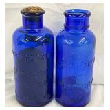 8in Embossed Blue Glass Bottles, Including Cork-Stoppered Example