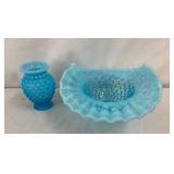 Blue Hobnail Glass Pieces Including Ruffled Bowl and Vase